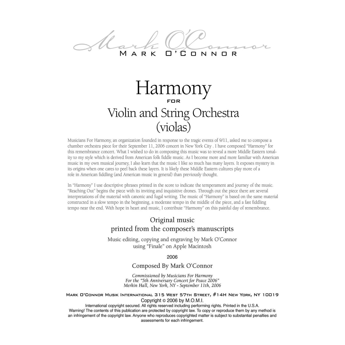 O'Connor, Mark - Harmony for Violin and Strings - Violas - Digital Download