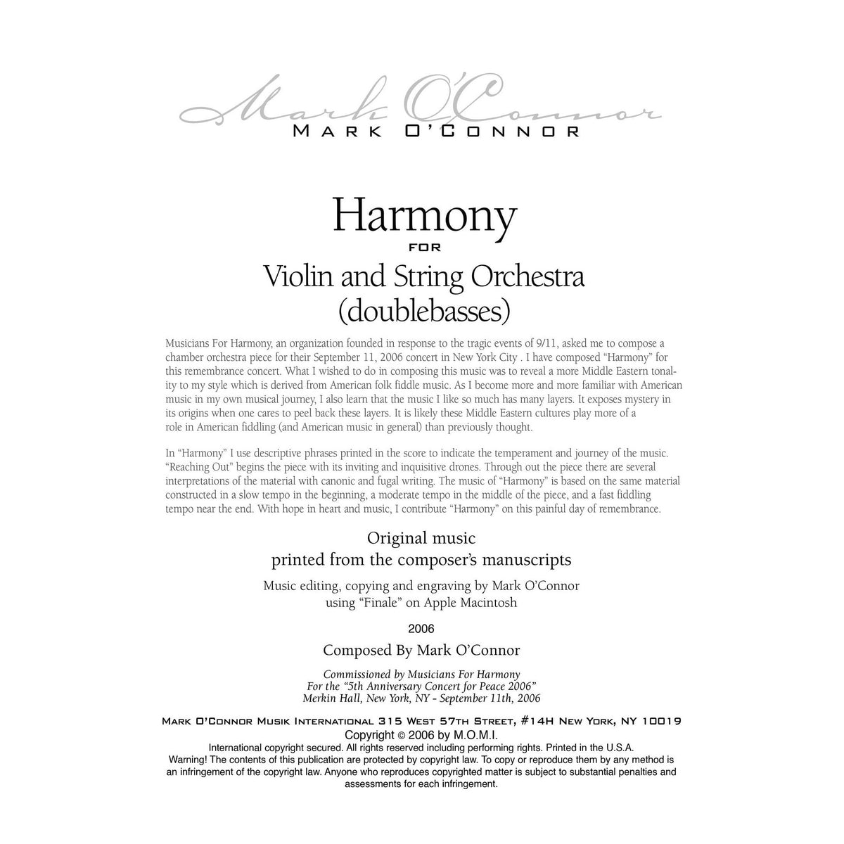 O'Connor, Mark - Harmony for Violin and Strings - Basses - Digital Download