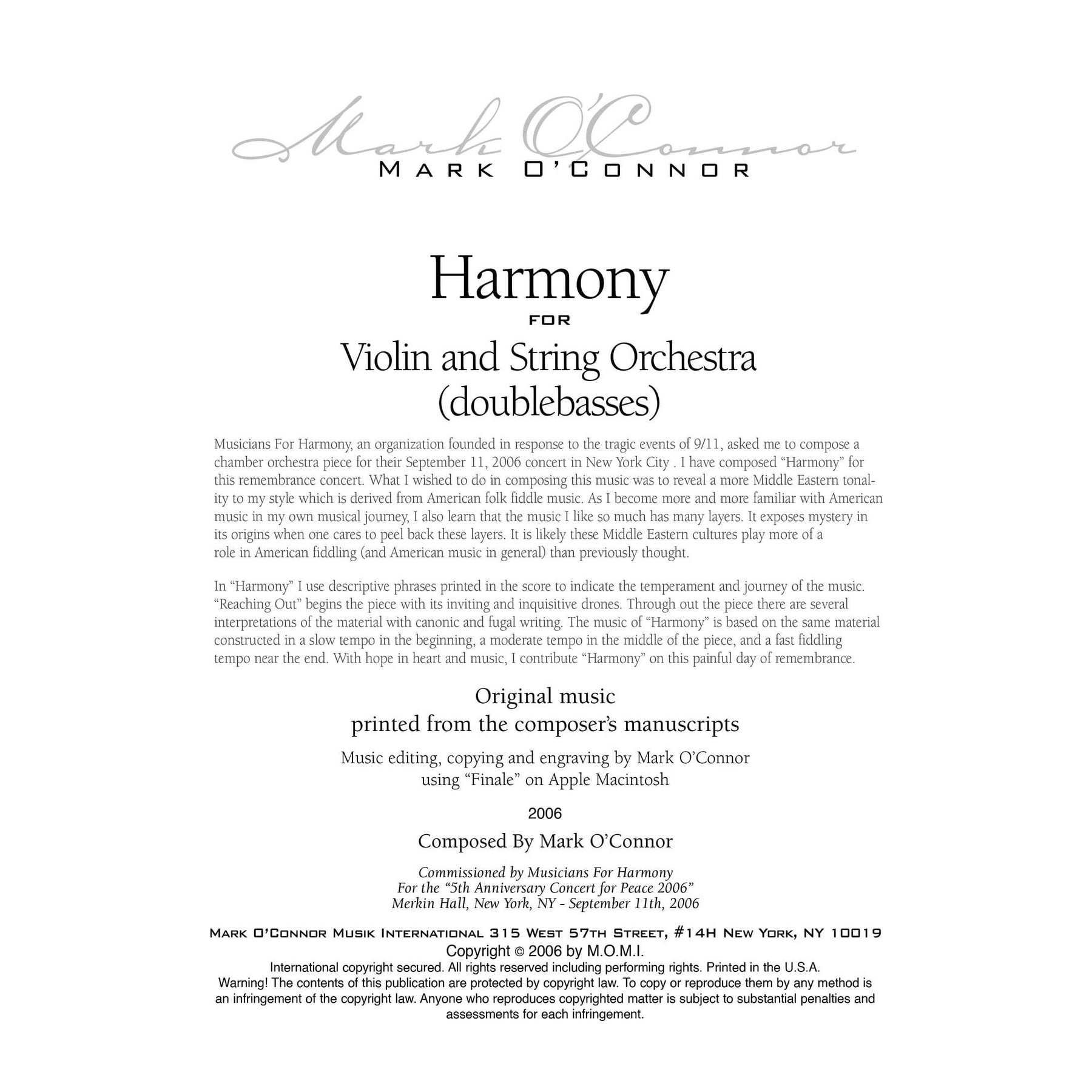 O'Connor, Mark - Harmony for Violin and Strings - Basses - Digital Download