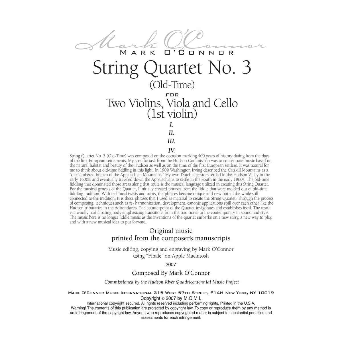 O'Connor, Mark - String Quartet No. 3 (Old-Time) for 2 Violins, Viola, and Cello - Violin 1 - Digital Download