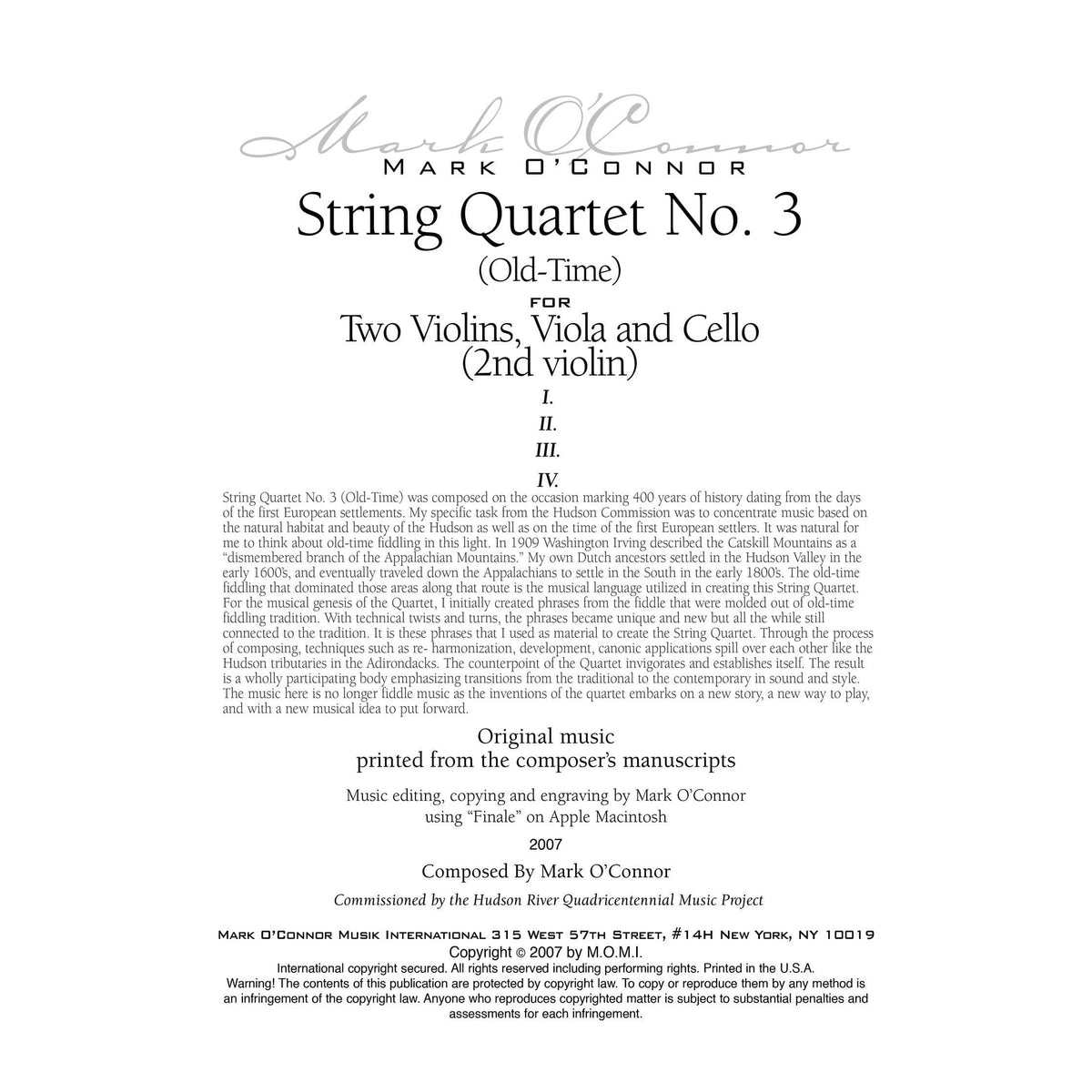 O'Connor, Mark - String Quartet No. 3 (Old-Time) for 2 Violins, Viola, and Cello - Violin 2 - Digital Download