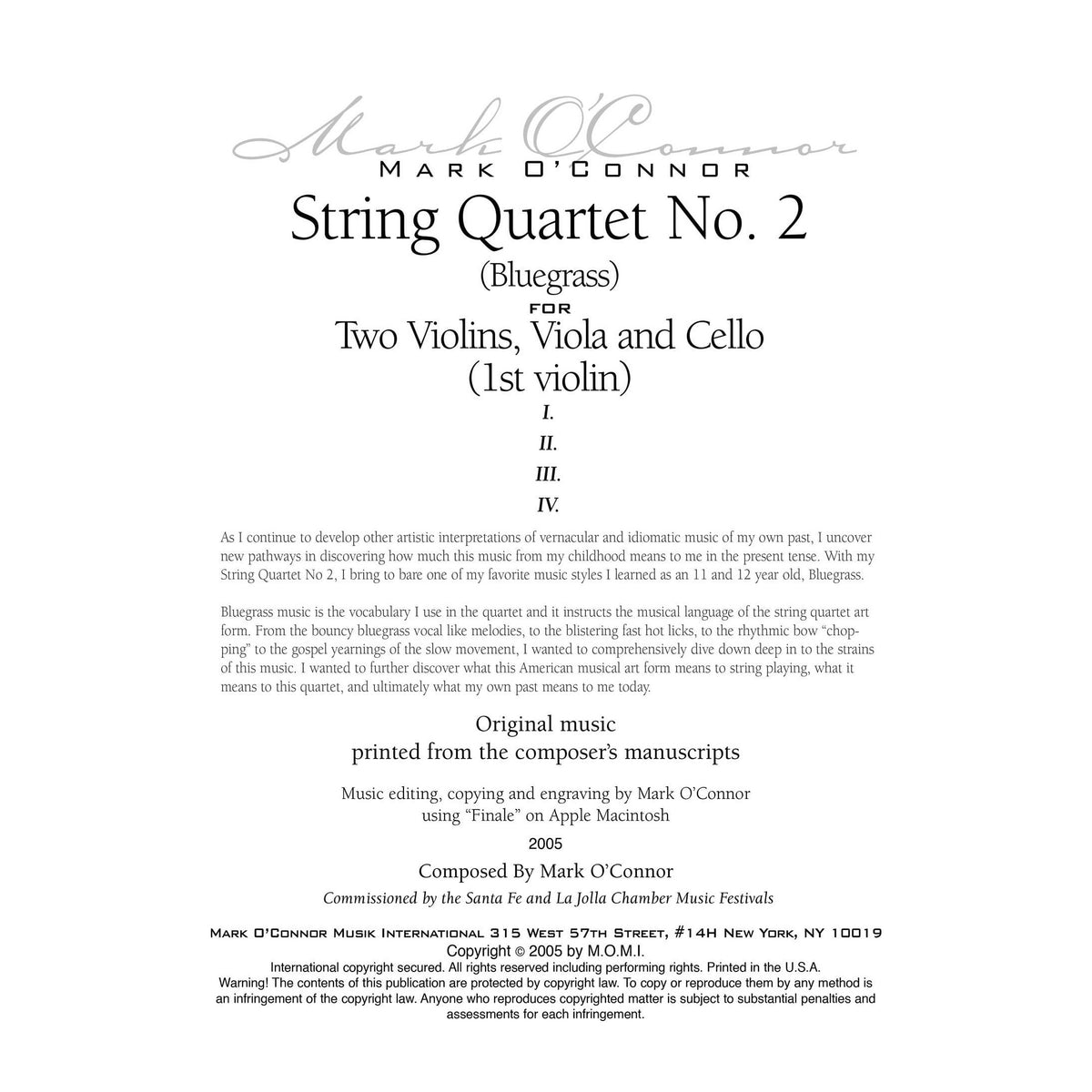 O'Connor, Mark - String Quartet No. 2 (Bluegrass) for 2 Violins, Viola, and Cello -Violin 1 - Digital Download
