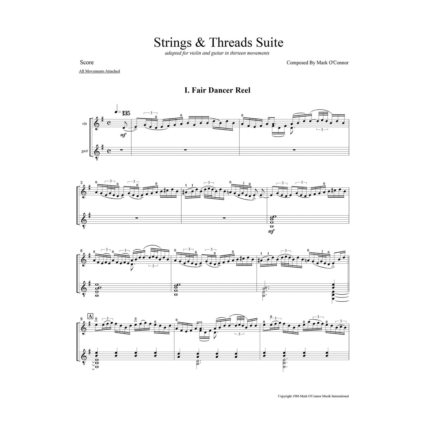 O'Connor, Mark - Strings & Threads Suite for Violin and Guitar - Score - Digital Download