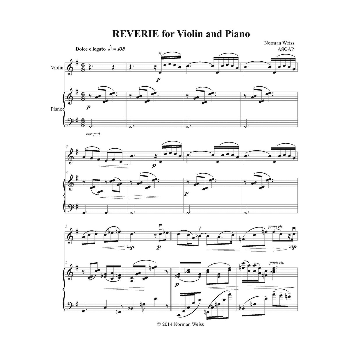 Weiss, Norman - Reverie for Violin and Piano (or Harp) - Digital Download