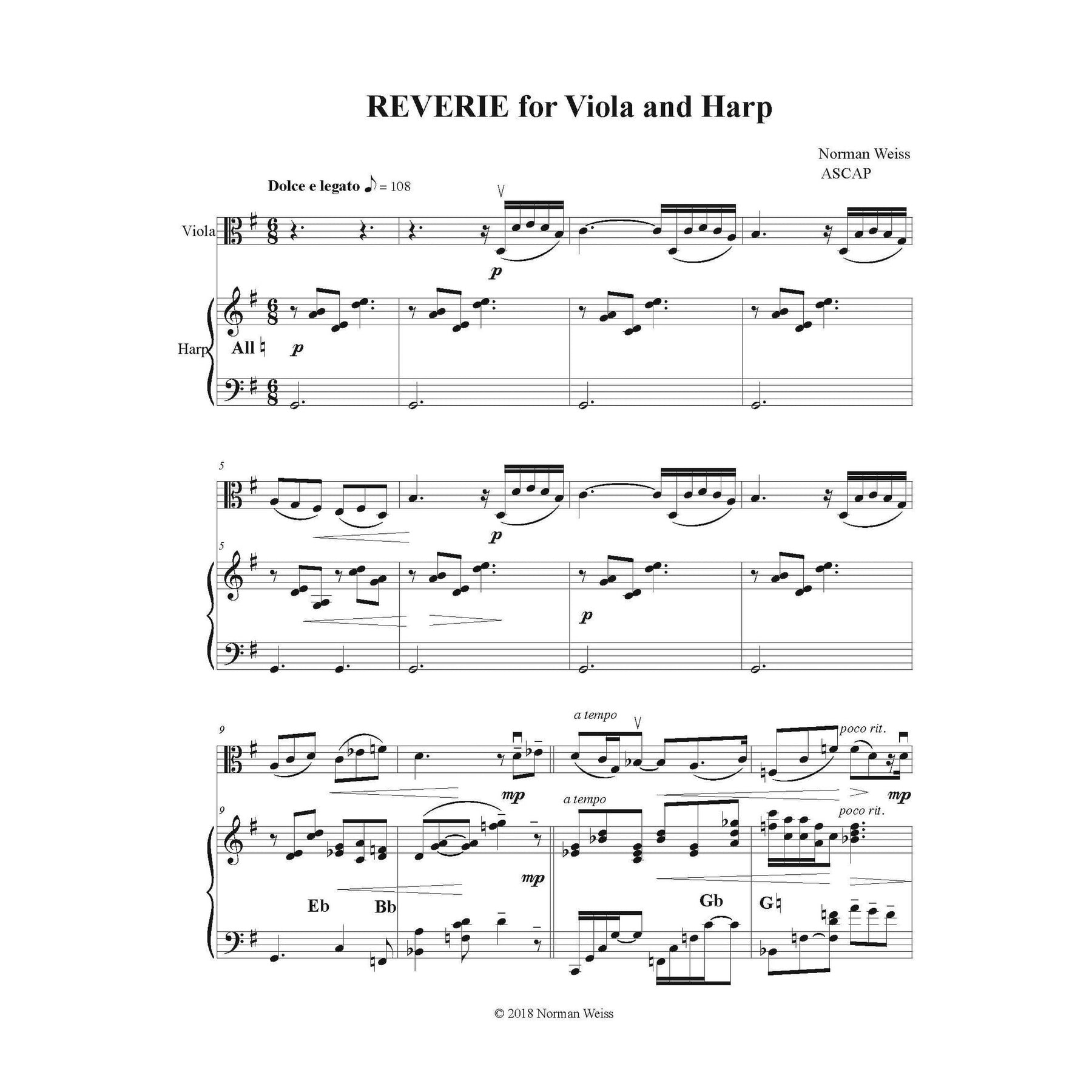 Weiss, Norman - Reverie for Viola and Piano (or Harp) - Digital Download