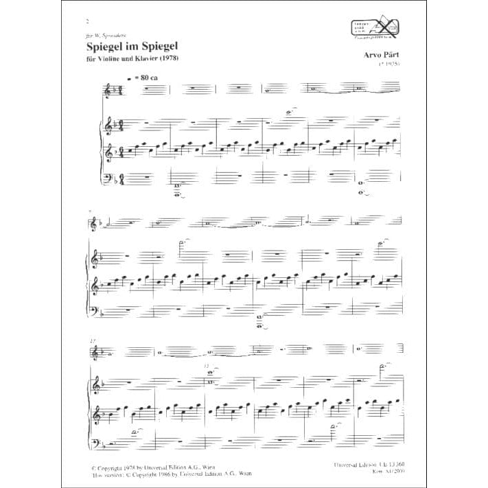 Pärt, Arvo - Spiegel im Spiegel (1978) - Violin and Piano - Universal Edition