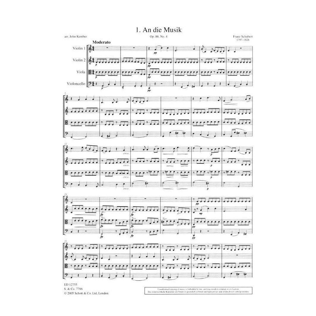 Kember, John - An Die Music -9 Classical pieces arranged for String Quartet - Score and Parts - Schott Editions