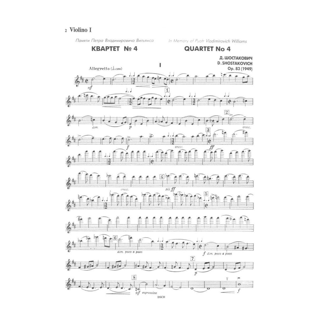 Shostakovich, Dmitri - Quartet No 4 in D, Op 83 Parts Published by DSCH
