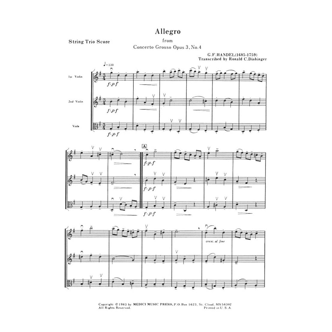 Handel, George Frideric - Allegro from Concerto Grosso, Op 3, No 4 - Two Violins and Viola - Score and Parts - arranged by Ronald C Dishinger - Medici Music Press