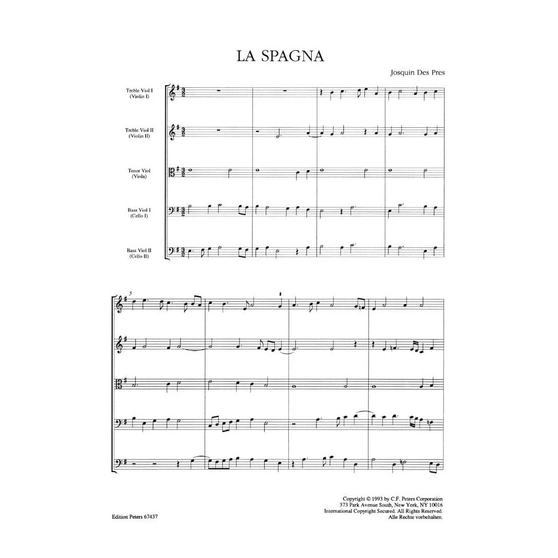 Josquin des Prez - La Spagna - 2 Violins, 2 Violas, and 2 Cellos (or Cello and Bass) - edited by Denis Stevens - Edition Peters