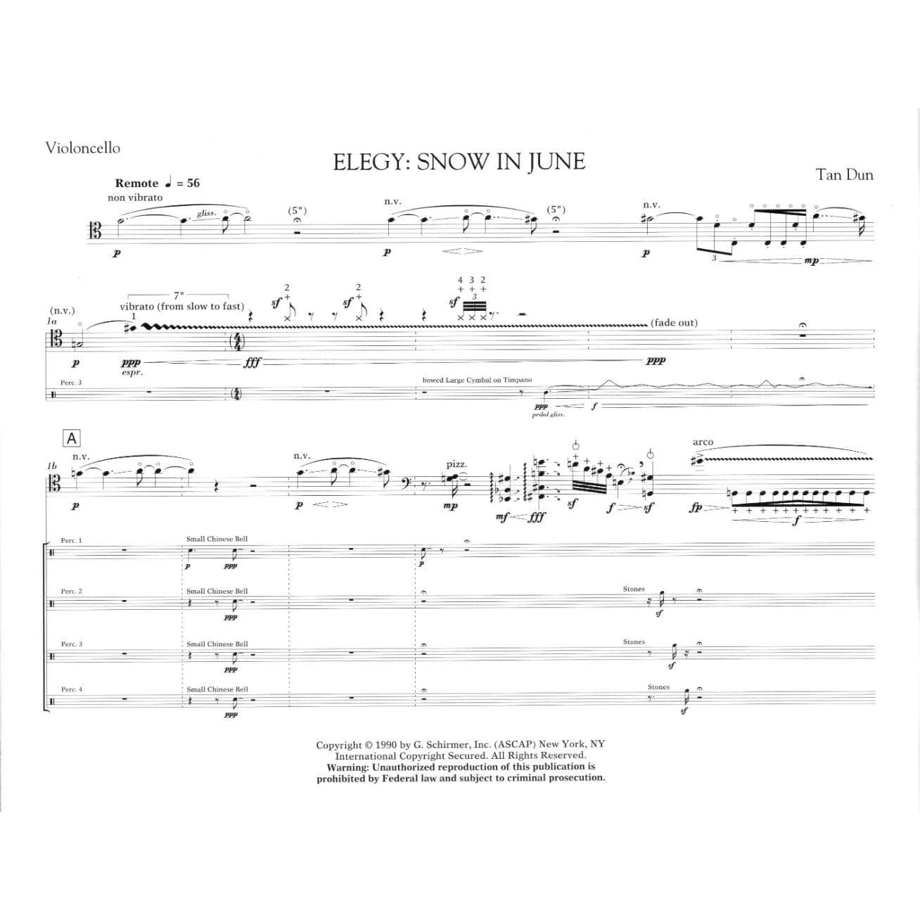 Dun, Tan - Elegy: Snow In June - Concerto for Cello and 4 Percussionists - Score and Parts - G Schirmer Edition