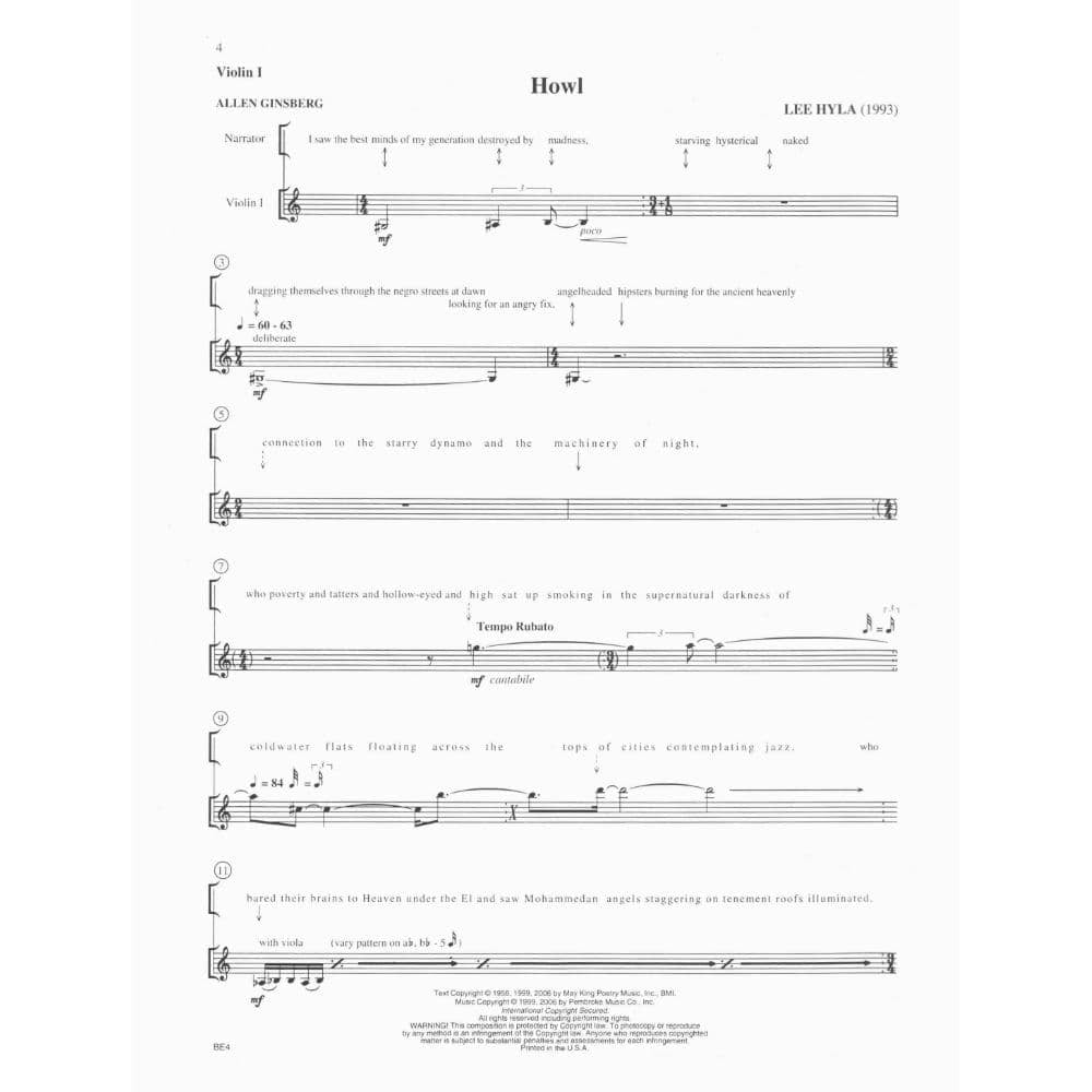 Hyla, Lee - Howl: Written for the Poem "Howl" by Allen Ginsberg - Narrator and String Quartet - Carl Fischer Edition