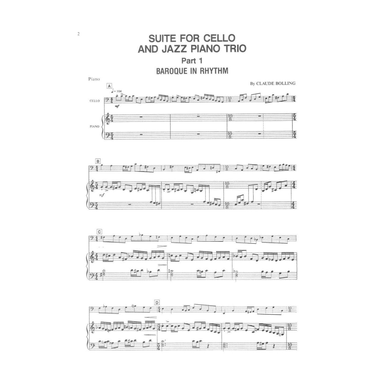 Bolling, Claude - Suite For Cello and Jazz Trio Parts for Piano, Cello, Double Bass and Drums