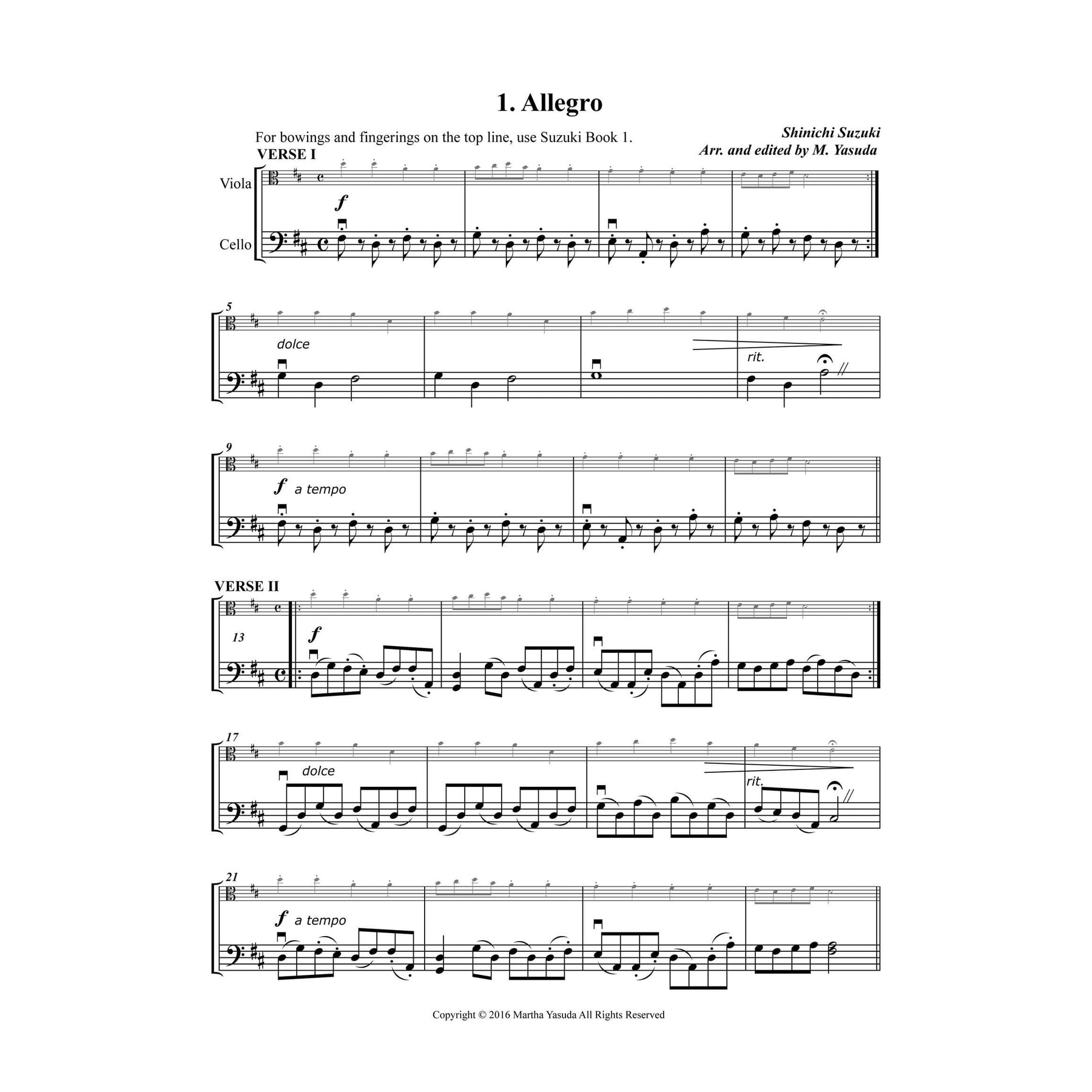 Yasuda, Martha - Folk Song Melodies For Viola (melody) And Cello (harmony) - Digital Download
