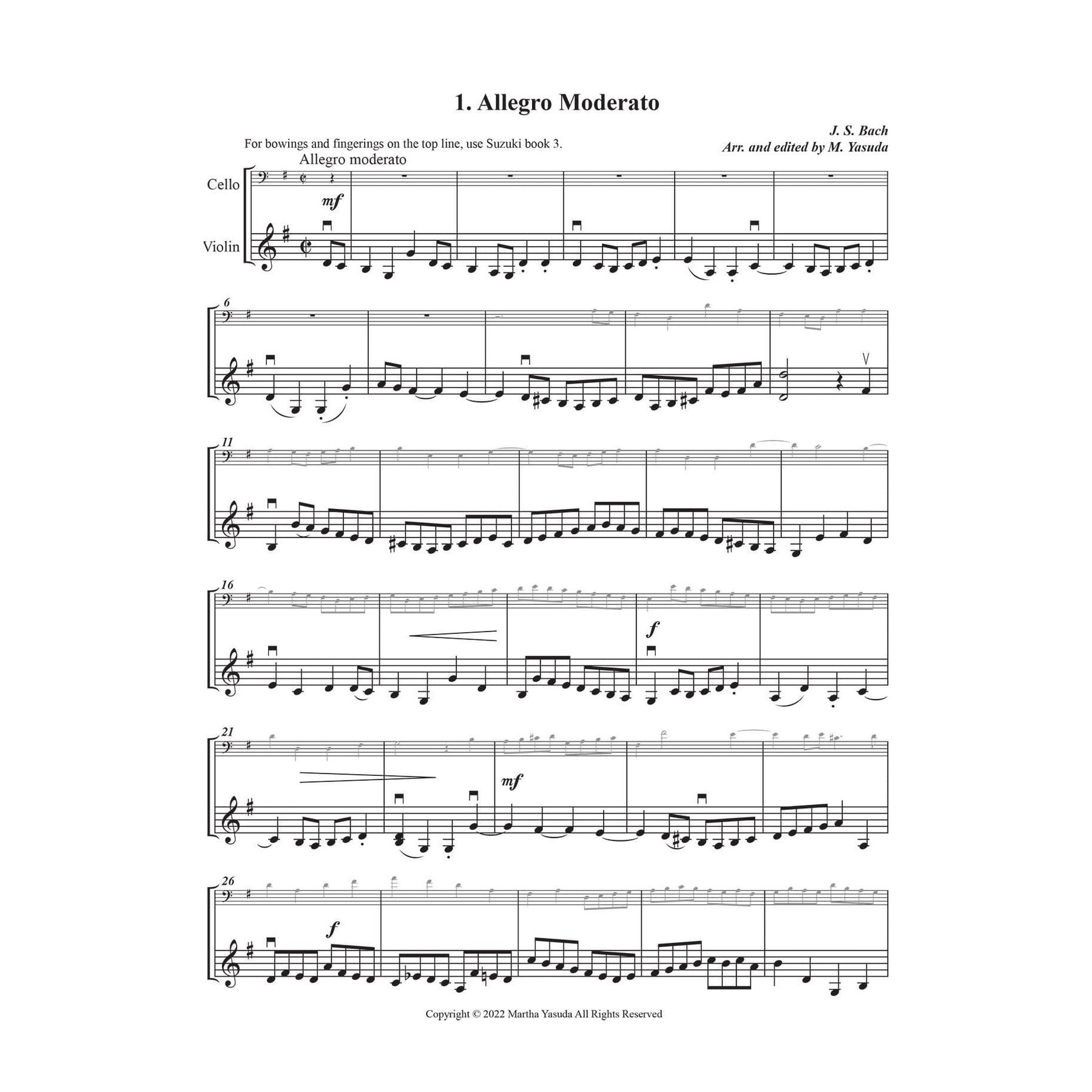 Yasuda, Martha - Harmonious Melodies For Cello (Melody) and Violin (Harmony) Suzuki 1B, 2 & 3 - Digital Download