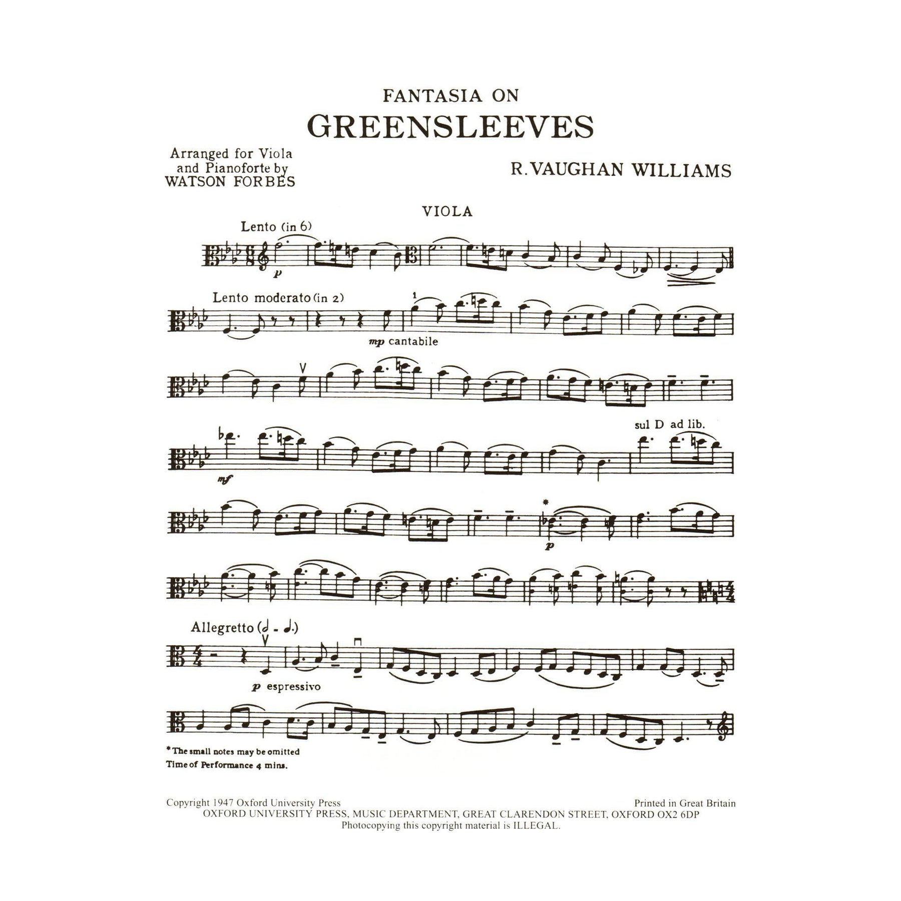 Vaughan Williams, Ralph - Fantasia On Greensleeves For Viola or Cello and Piano Published by Oxford University Press