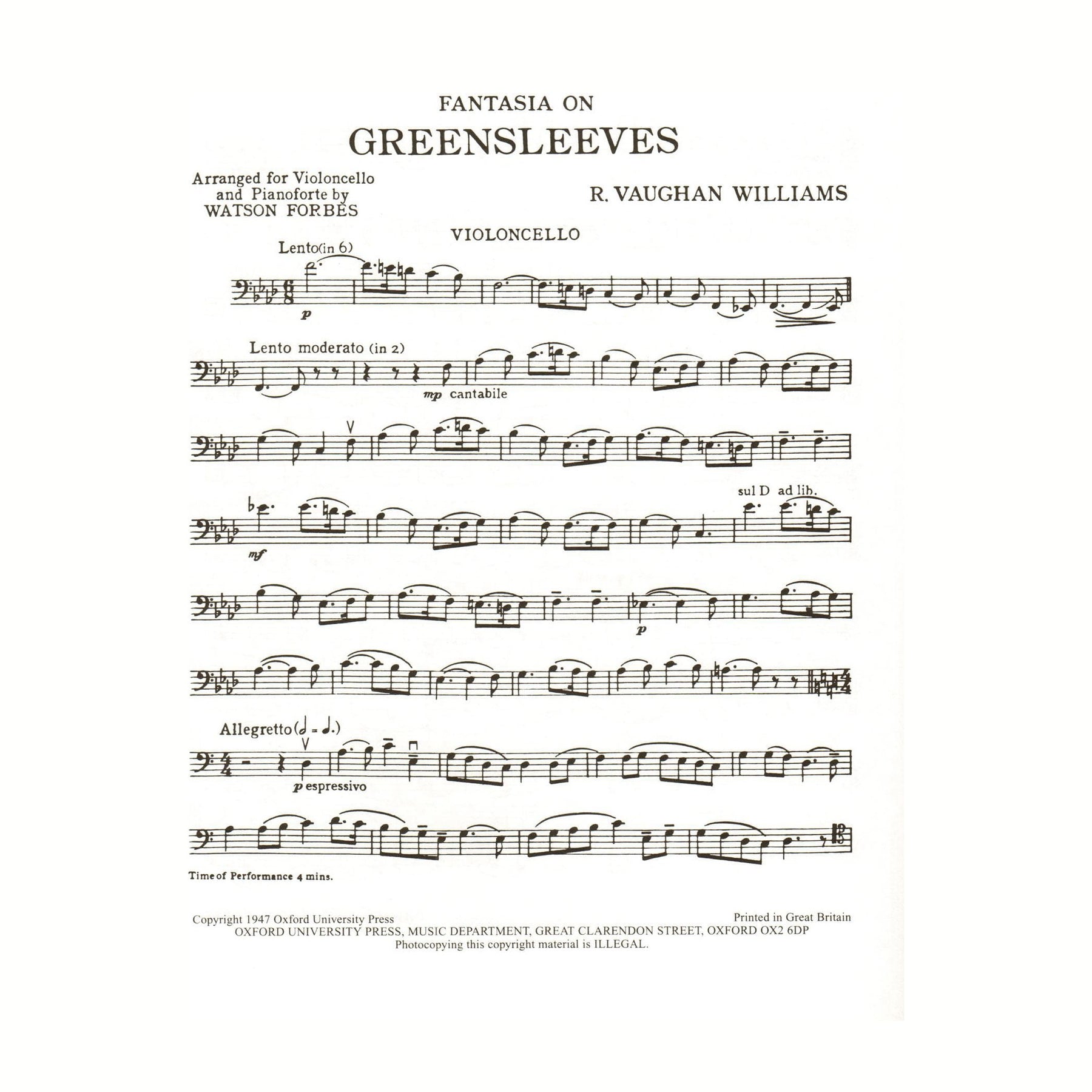 Vaughan Williams, Ralph - Fantasia On Greensleeves For Viola or Cello and Piano Published by Oxford University Press