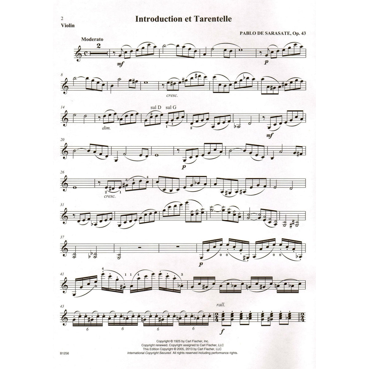 Sarasate, Pablo - Introduction and Tarantella Op 43 For Violin and Piano Published by Carl Fischer