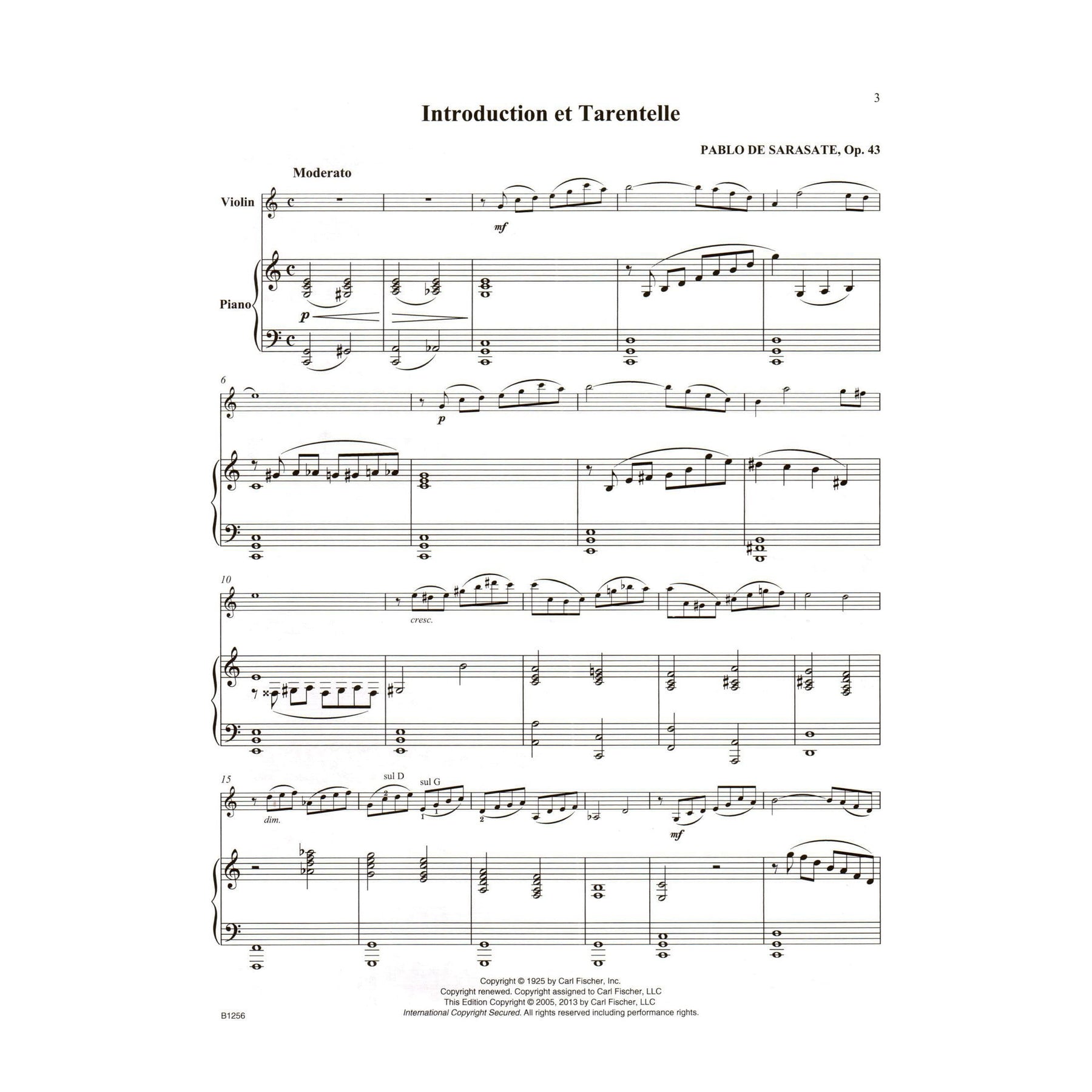 Sarasate, Pablo - Introduction and Tarantella Op 43 For Violin and Piano Published by Carl Fischer