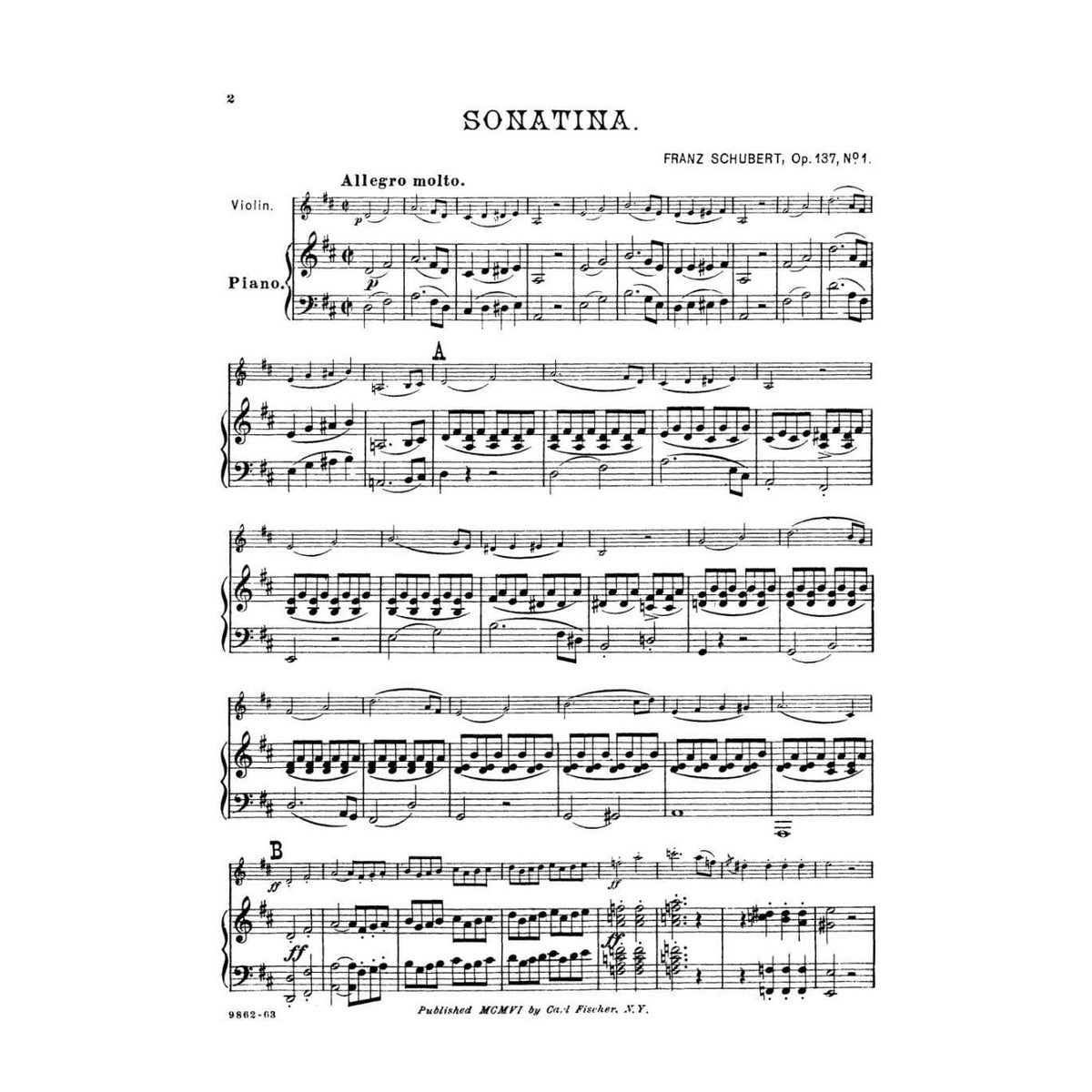 Schubert, Franz - Three Sonatinas Op 137 For Violin and Piano Edited by Fischer Published by Carl Fischer