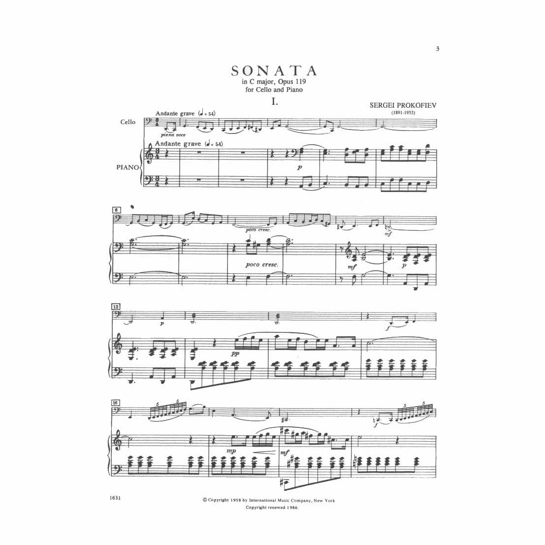 Prokofiev, Sergey - Cello Sonata in C Major, Op 119 - for Cello and Piano - edited by Rostropovich - International Music Company