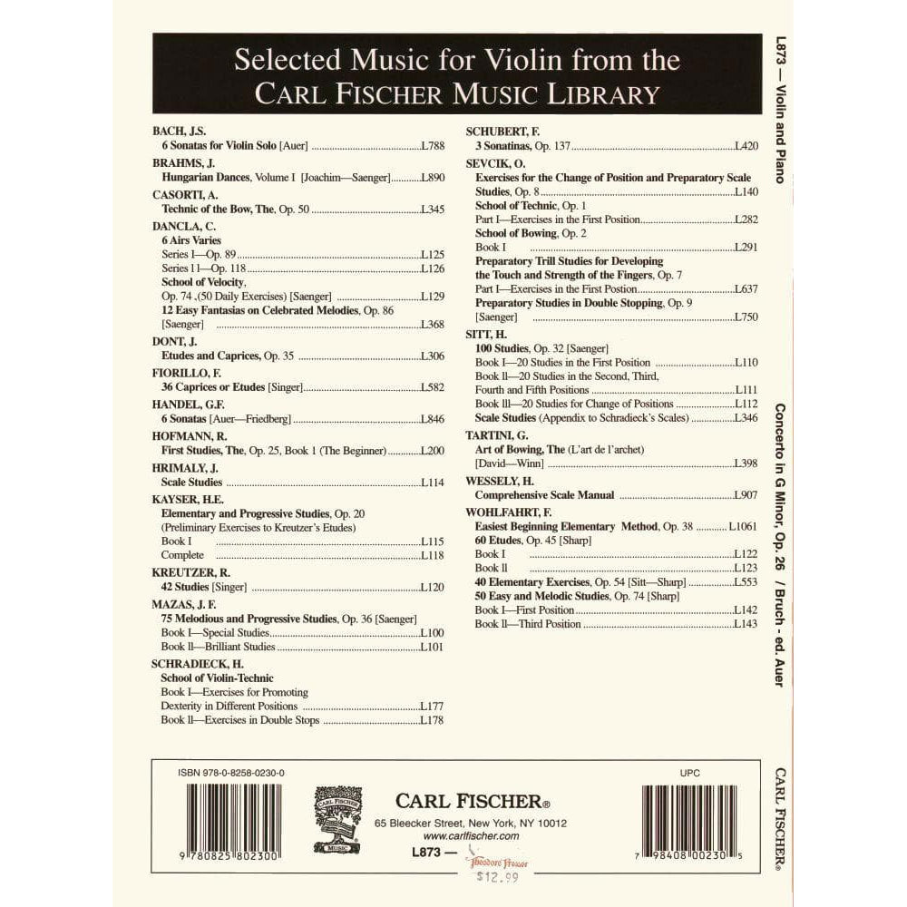 Bruch, Max - Concerto No 1 in G Minor for Violin and Piano, Op 26 - for Violin and Piano - arranged by Leopold Auer - Carl Fischer Edition