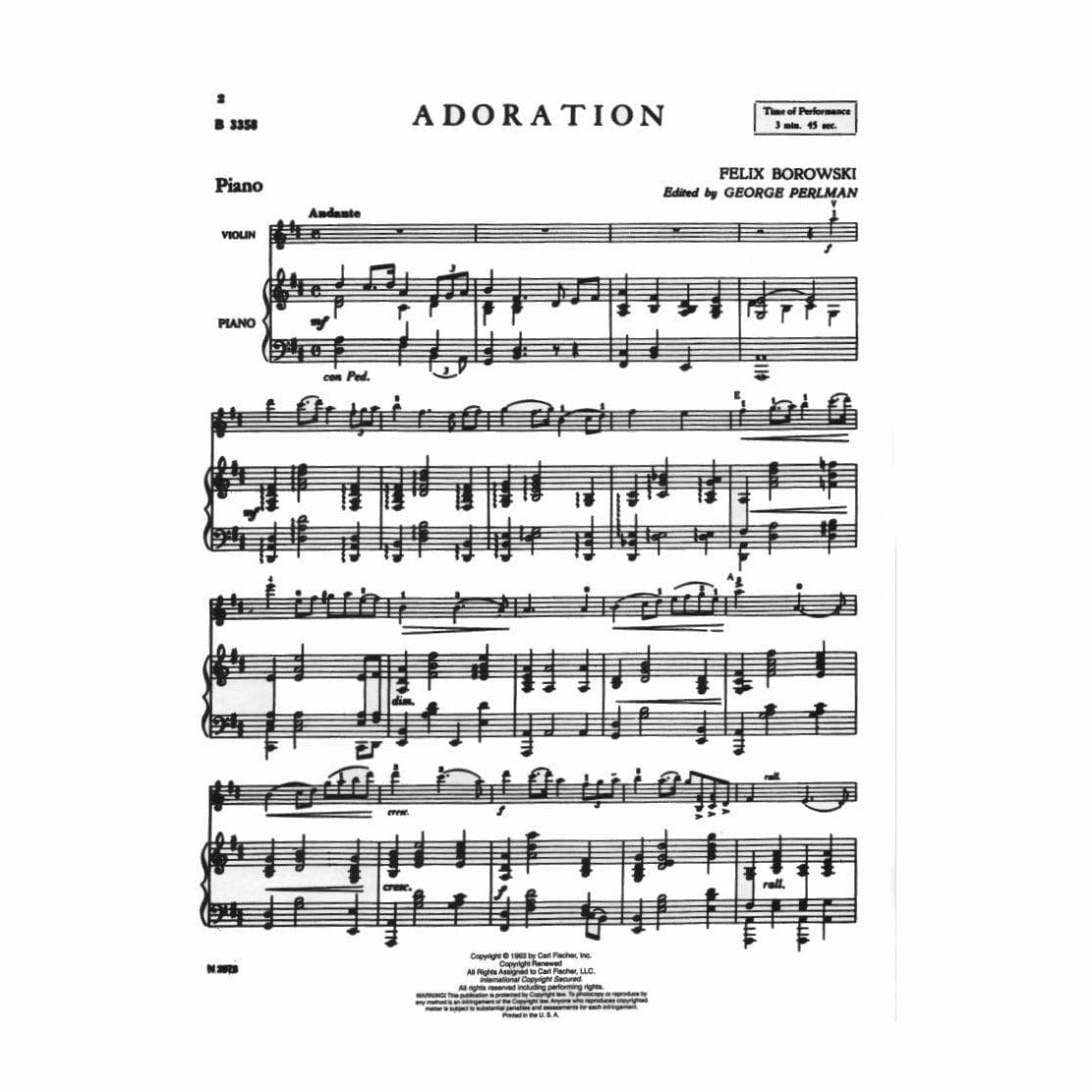 Borowski, Felix - Adoration for Violin and Piano - Arranged by Perlman - Fischer Edition