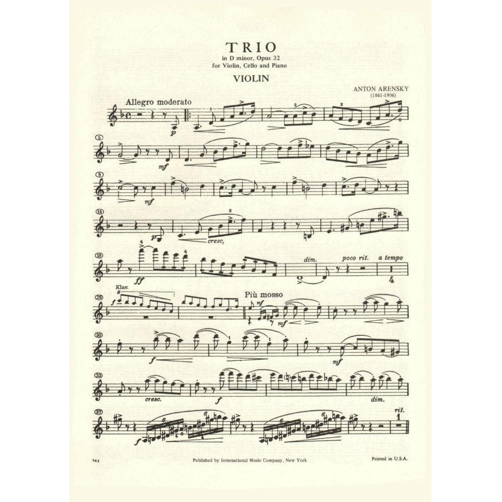 Arensky, Anton - Piano Trio No 1 in d minor, Op 32 for Violin, Cello and Piano - International Edition