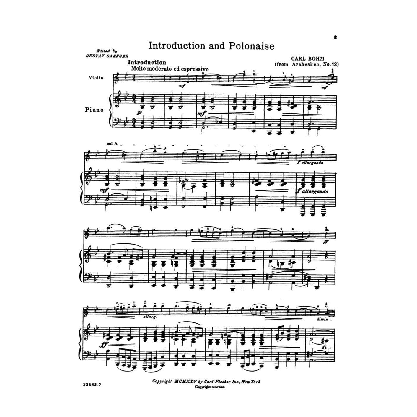 Bohm, Carl - Introduction and Polonaise From Arabesques No 12 for Violin and Piano - Arranged by Saenger - Fischer Edition