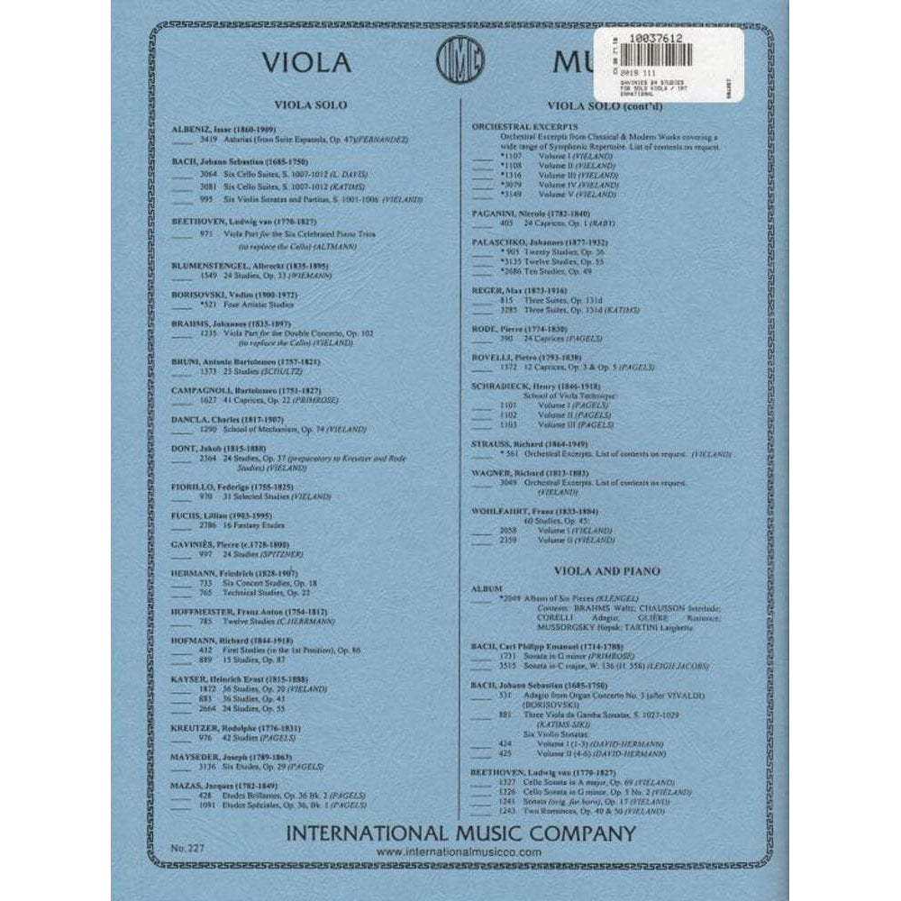 Gaviniès, Pierre - 24 Studies - Viola solo - edited by Spitzner - International Edition