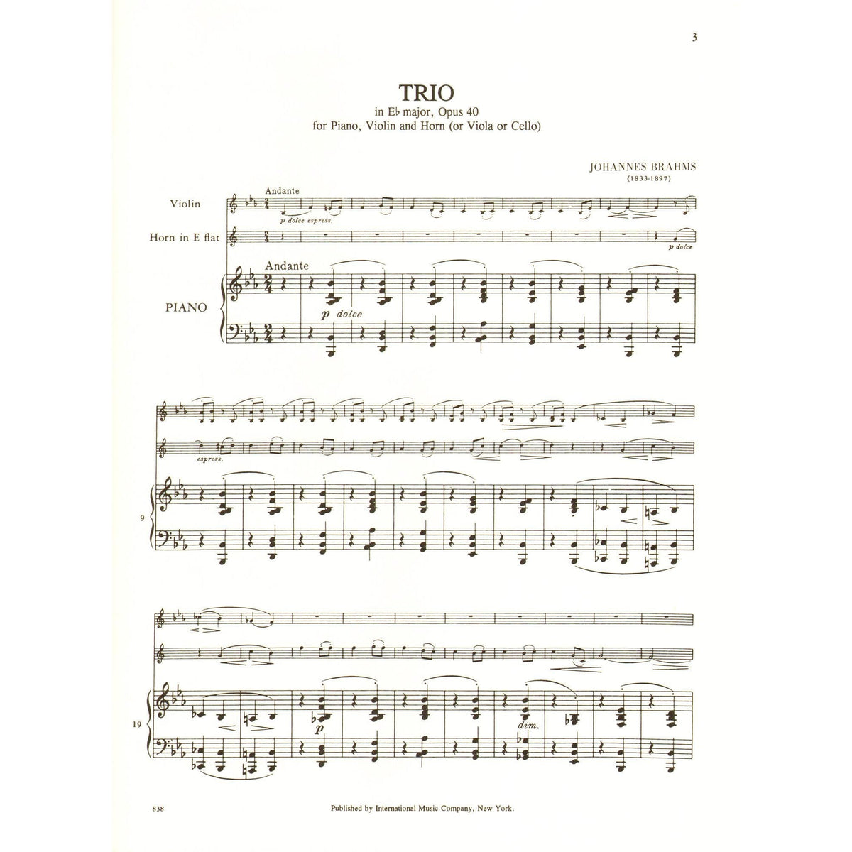 Brahms, Johannes - Trio in E-flat Major Op 40 for Violin, Viola/Cello and Piano - International Edition