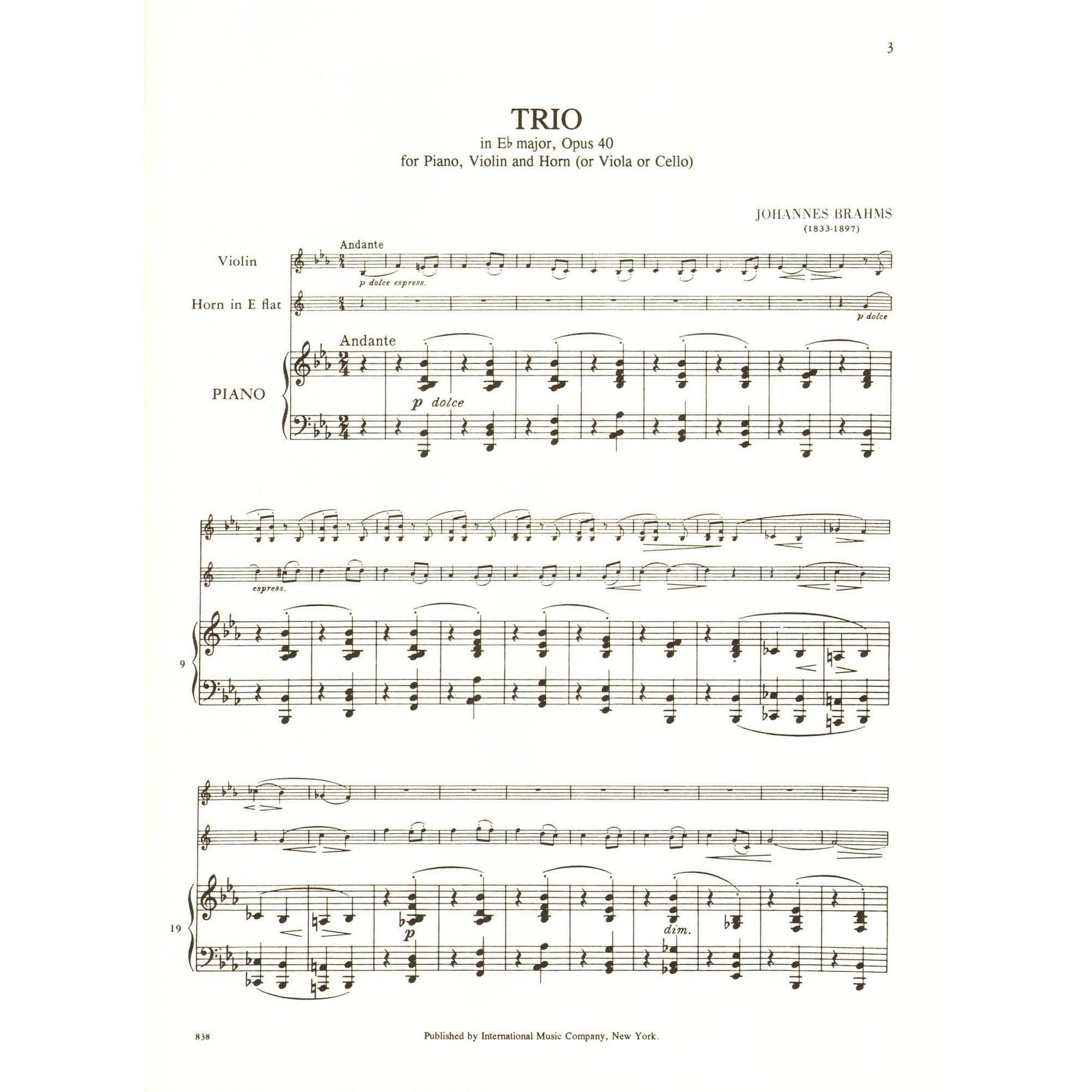 Brahms, Johannes - Trio in E-flat Major Op 40 for Violin, Viola/Cello and Piano - International Edition