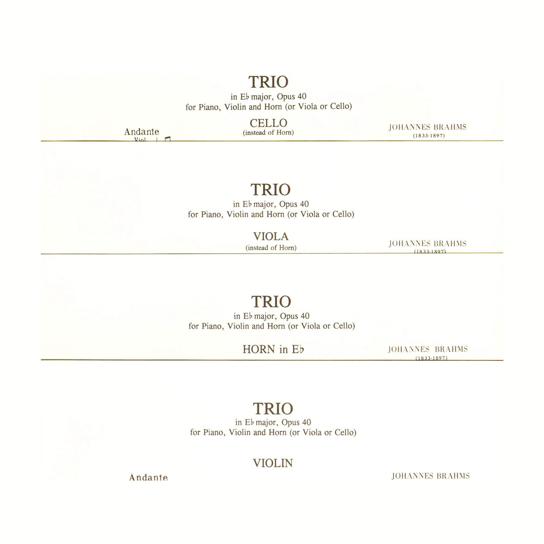 Brahms, Johannes - Trio in E-flat Major Op 40 for Violin, Viola/Cello and Piano - International Edition