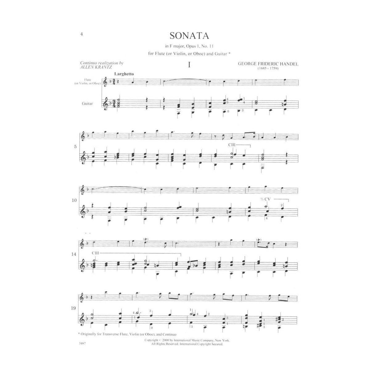 Handel, George Frideric - Sonata in F Major, Op 1, No 11, HWV 369 - Flute (or Violin or Oboe) and Guitar - edited by Allen Krantz - International Edition