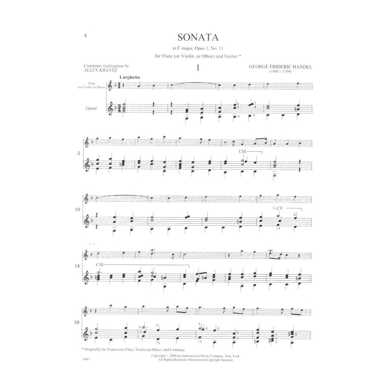 Handel, George Frideric - Sonata in F Major, Op 1, No 11, HWV 369 - Flute (or Violin or Oboe) and Guitar - edited by Allen Krantz - International Edition
