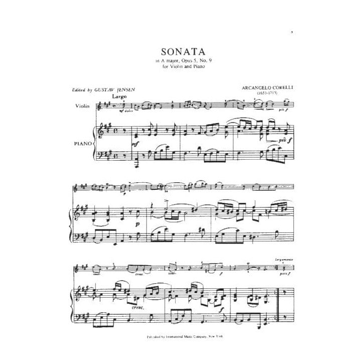 Arcangelo Corelli - 3 Selected Violin Sonatas, Op 5 - Violin and Piano - edited by Gustav Jensen - International Music Company