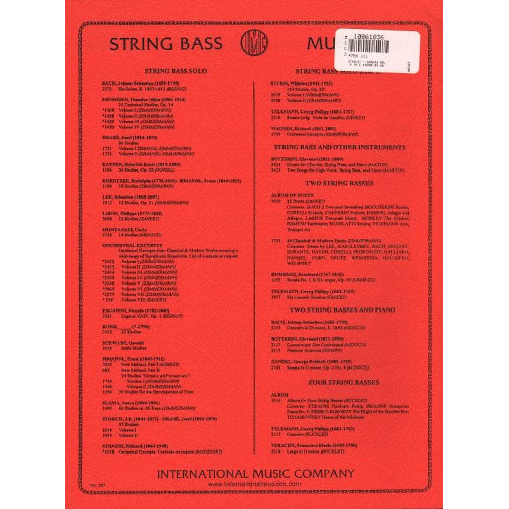 Vivaldi, Antonio - Sonata No 5 in e minor RV 40 For Bass and Piano Edited by Zimmermann Published by International Music Company