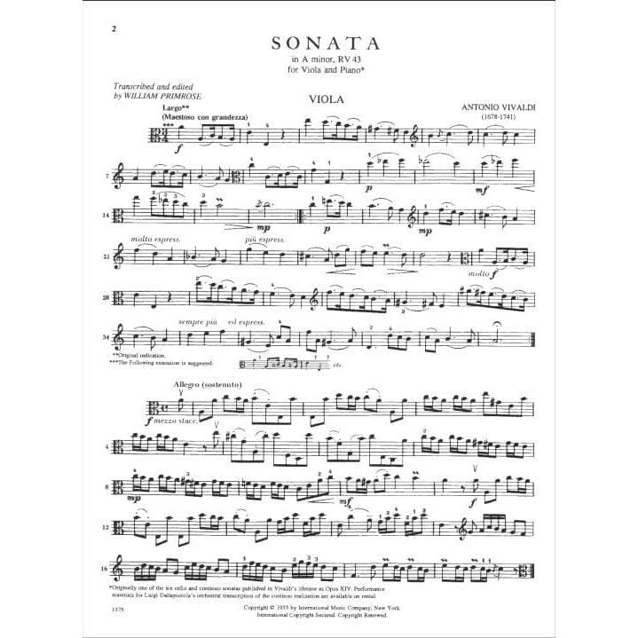 Vivaldi, Antonio - Sonata No 3 in a minor, RV 43 - for Viola - edited by William Primrose - International Music Company