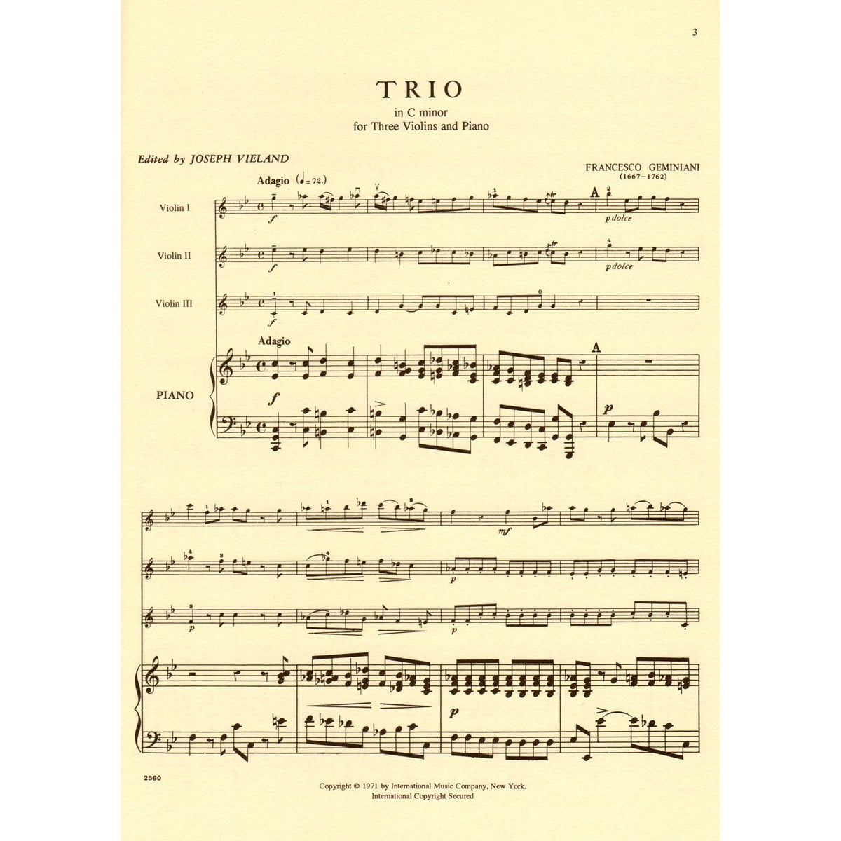 Geminiani, Francesco - Trio in c minor - Three Violins and Piano - edited by Joseph Vieland - International Edition