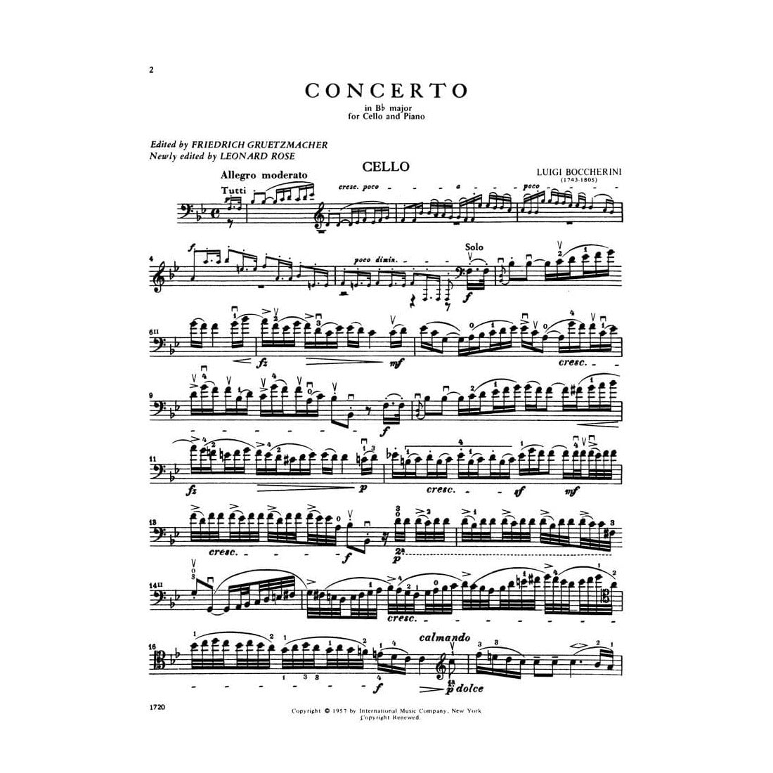Boccherini, Luigi - Concerto in B-flat Major G 482 for Cello and Piano - Arranged by Greutzmacher-Rose - International Edition