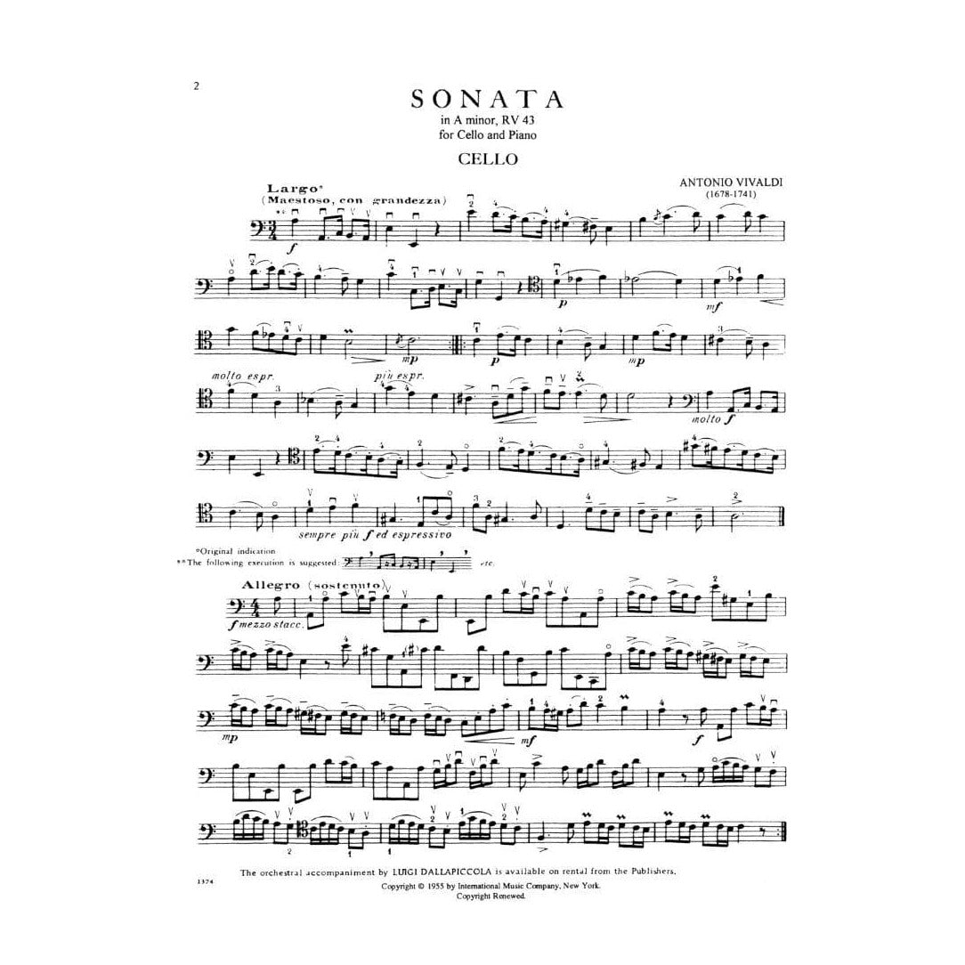 Vivaldi, Antonio - Sonata in a minor F XIV No 3 RV 43 For Cello and Piano Edited by Leonard Rose Published by International Music Company
