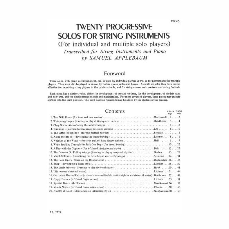 20 Progressive Solos for String Instruments – Piano Accompaniment - arranged by Samuel Applebaum - Alfred Publication