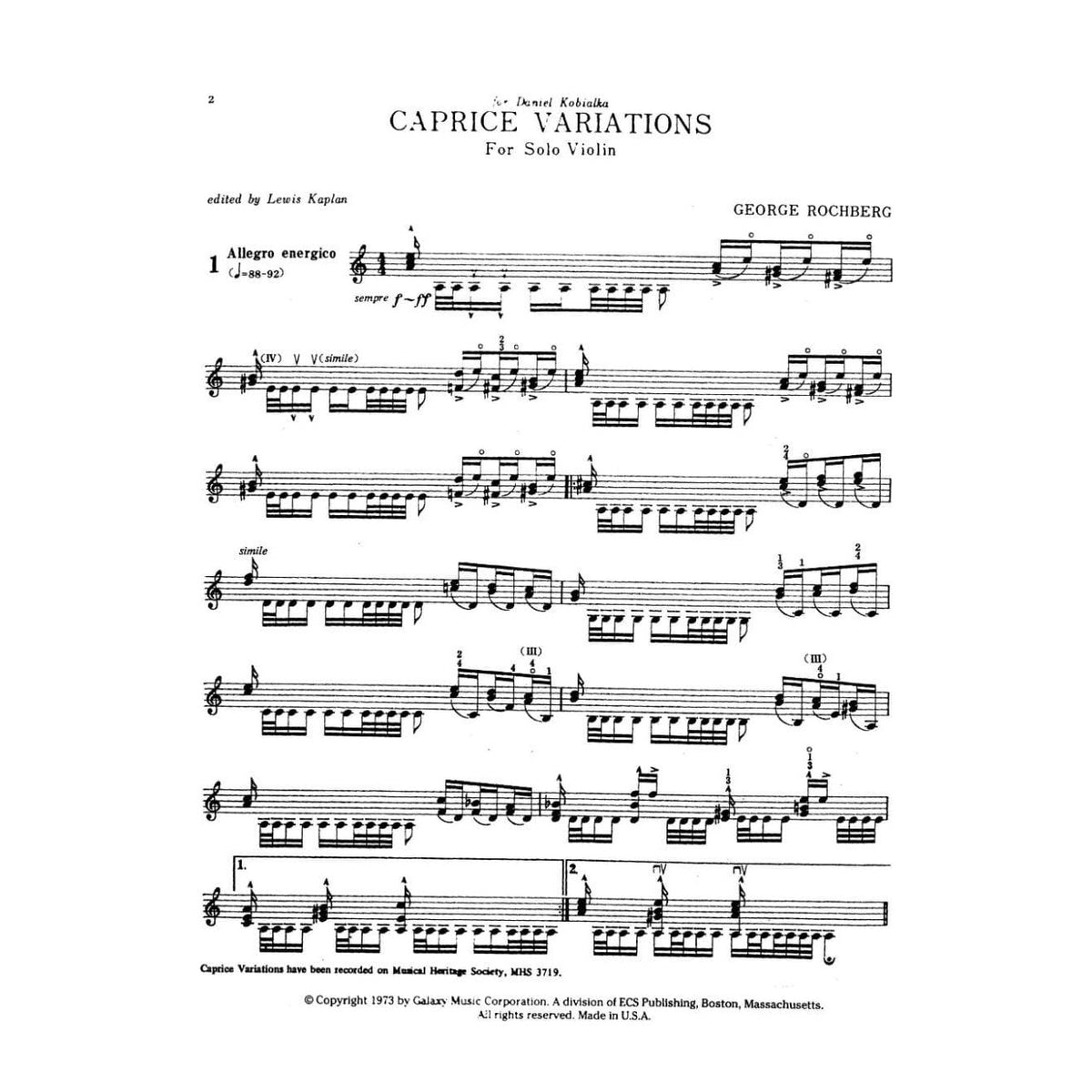 Rochberg, George - Caprice Variations For Violin Edited by Lewis Kaplan Published by Galaxy Music Corporation