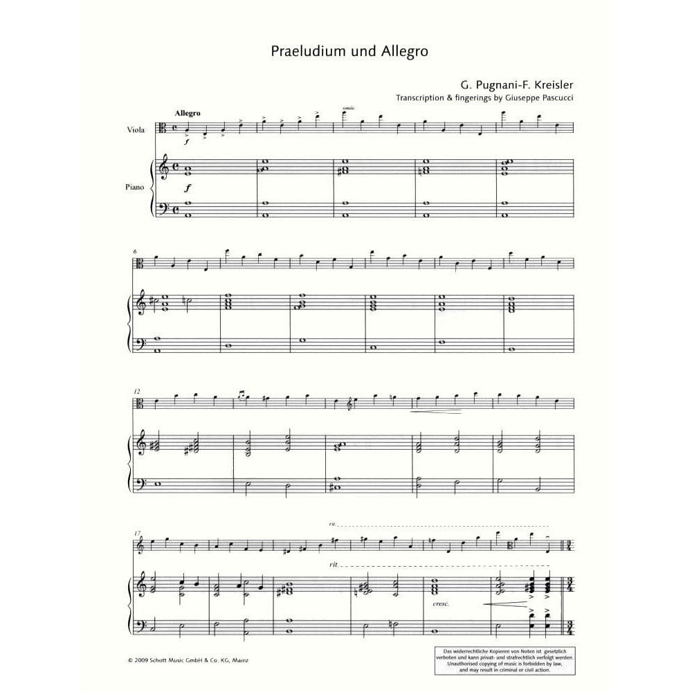 Kreisler, Fritz - Praeludium and Allegro - Viola and Piano - transcribed and edited by Giuseppe Pascucci - Schott Music Edition