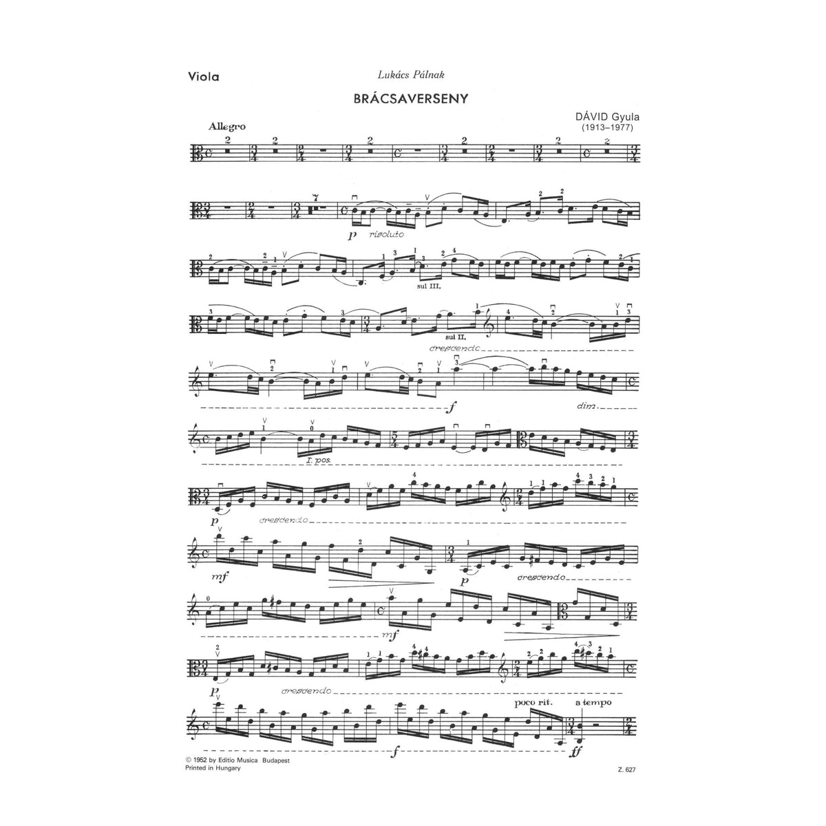 David, Gyula - Concerto for Viola and Piano - Budapest Music Edition