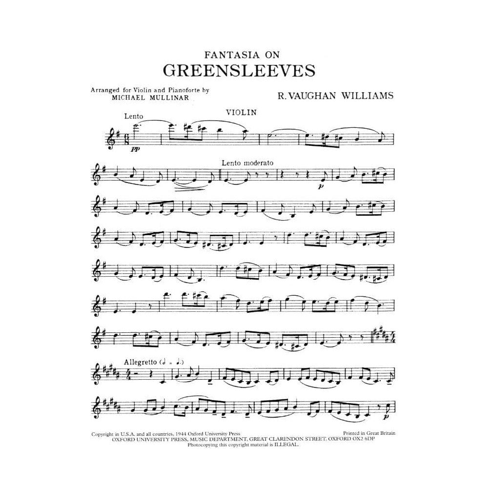 Vaughan Williams, Ralph - Fantasia On Greensleeves For Violin and Piano Published by Oxford University Press