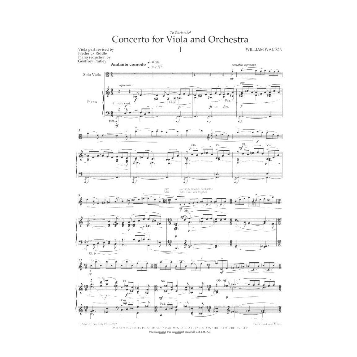Walton, William - Concerto For Viola ( 1929 Revised 1962 ) With Piano Reduction Published by Oxford University Press