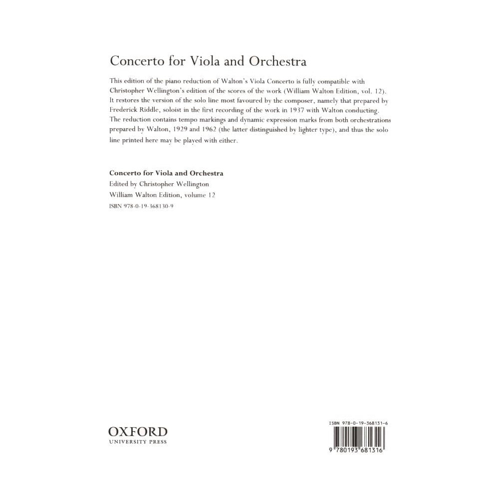 Walton, William - Concerto For Viola ( 1929 Revised 1962 ) With Piano Reduction Published by Oxford University Press