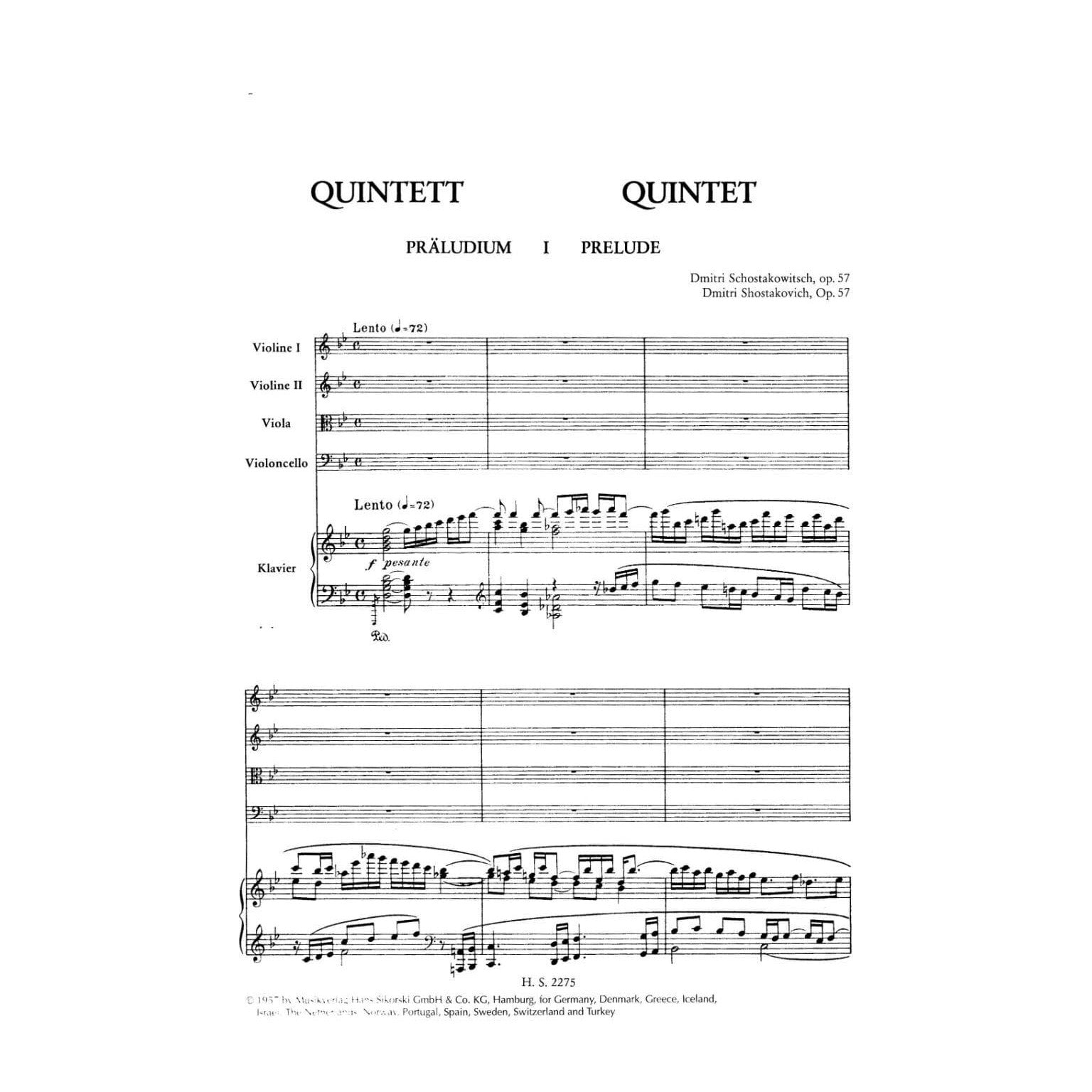 Shostakovich, Dmitri - Piano Quintet in g minor Op 57 Published by Sikorski