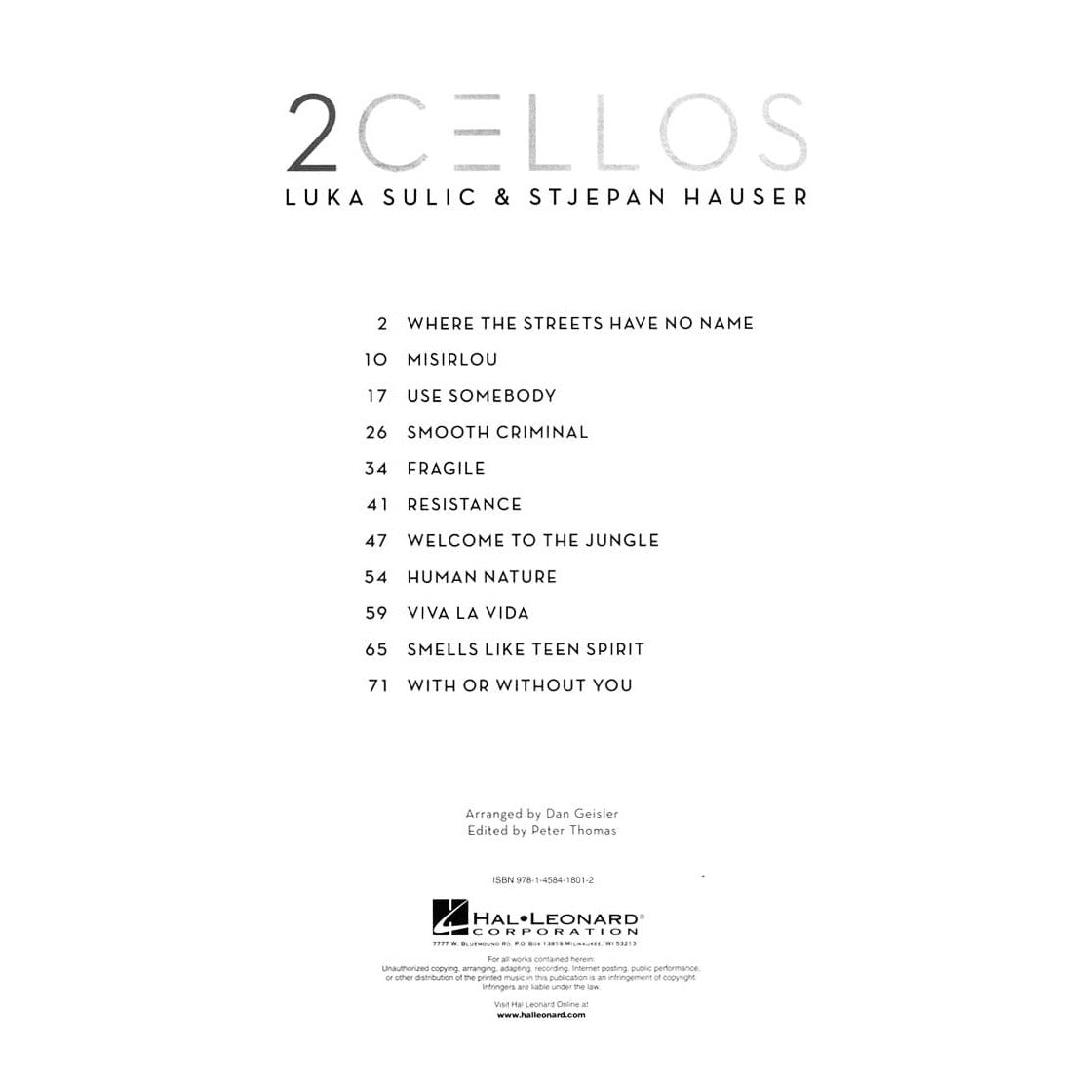 2 Cellos, Luka Sulic and Stjepan Hauser - for Two Cellos - edited by Peter Thomas - Hal Leonard